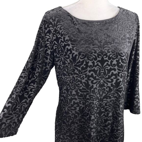 Adrienne Vittadini Dress Black Large Embossed Velvet 3/4 Sleeves Back Zip - Picture 3 of 14